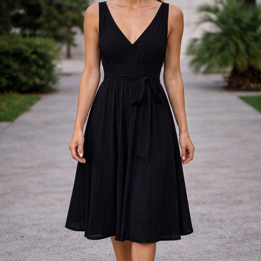 Calvin Klein Black Sleeveless Fit and Flare Midi Dress Tie Waist Sz M